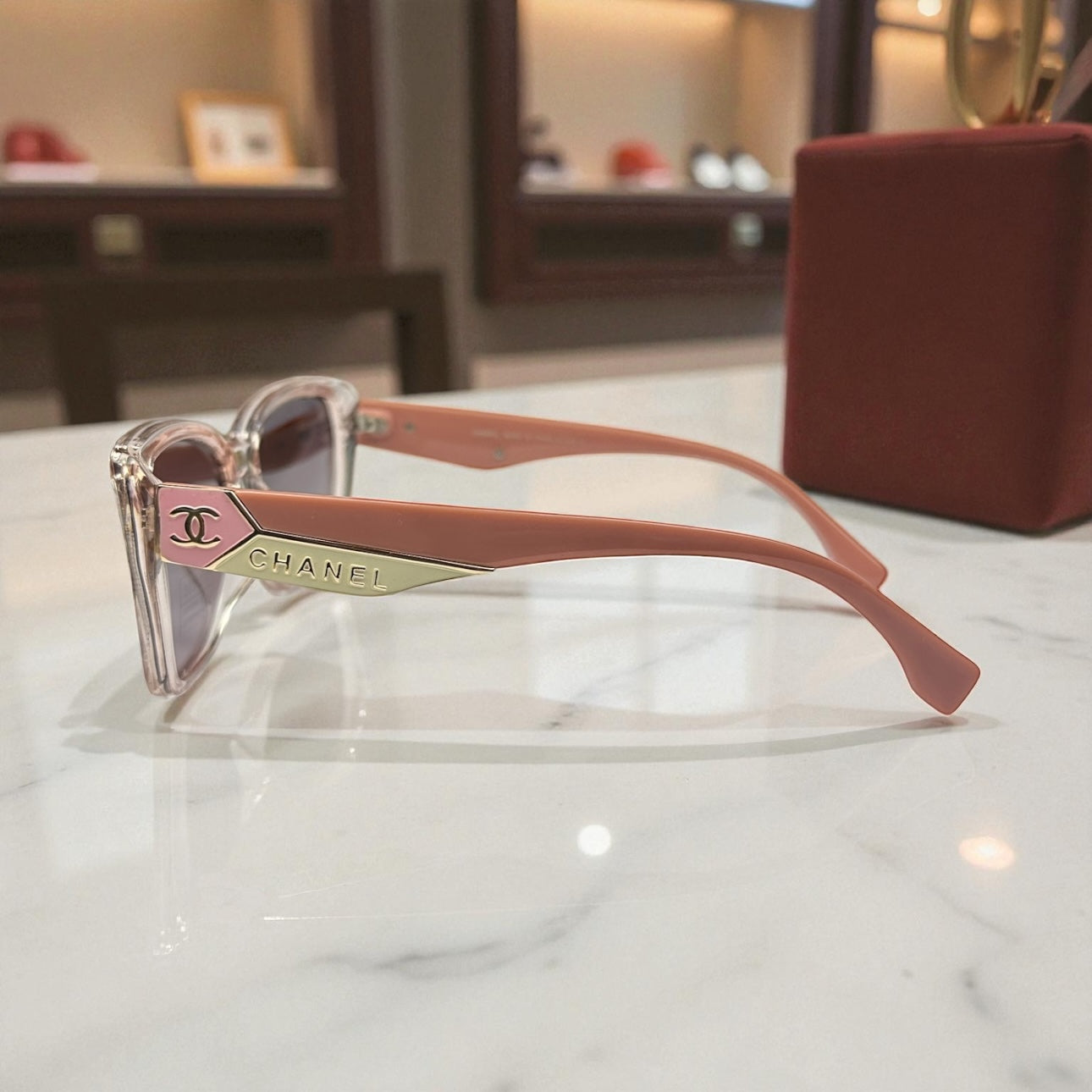 Chanel Polarized Sunglasses – Blush Pink & Gold Cat-Eye Frame UV400 Protection