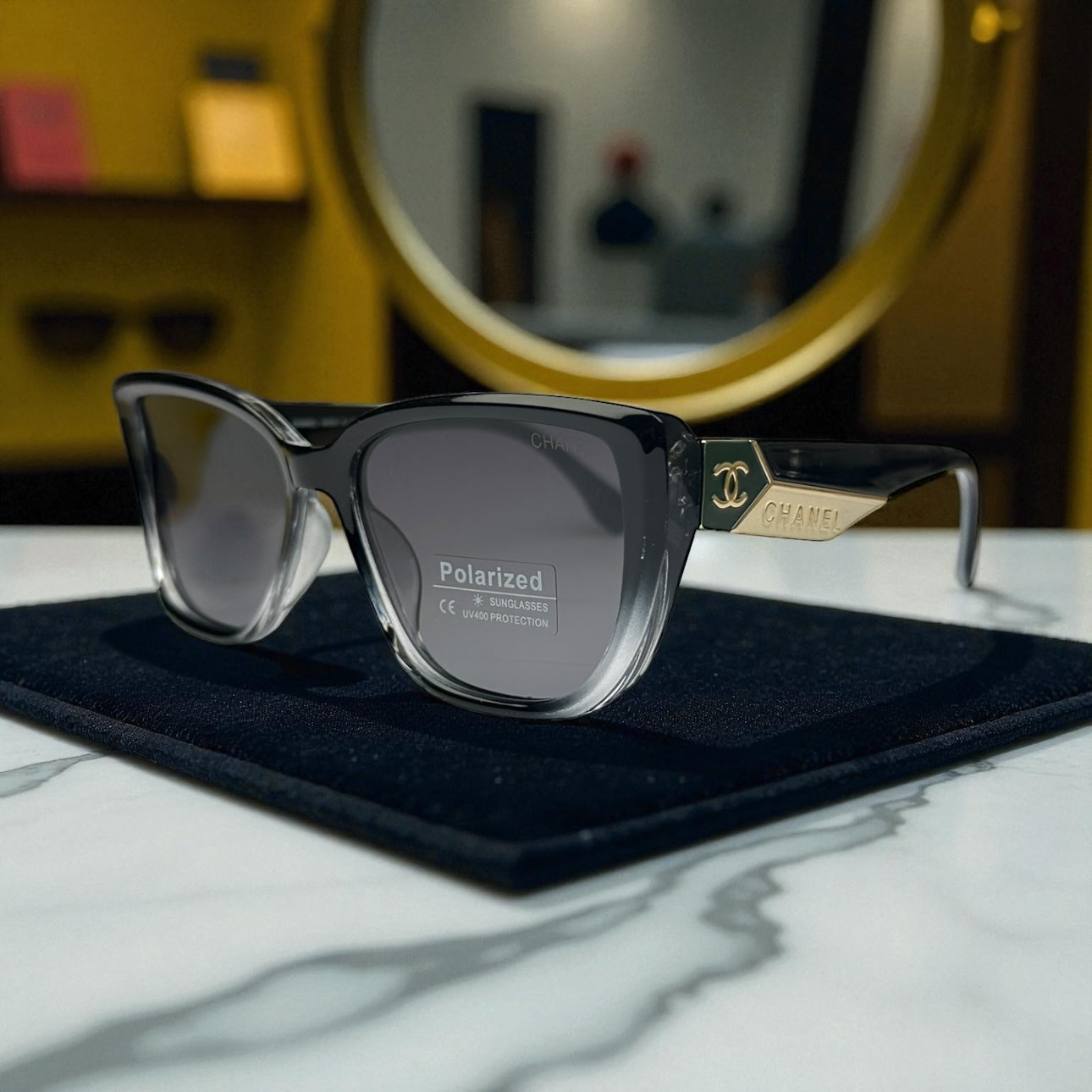 Chanel Polarized Sunglasses – Black Ombre Frame with Gold Temple Accent UV400