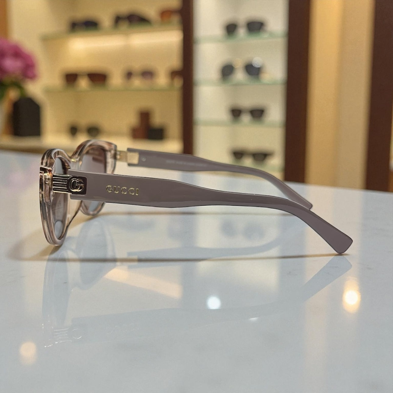 Gucci Polarized Sunglasses – Nude Transparent Frame with Gold GG Temples UV400