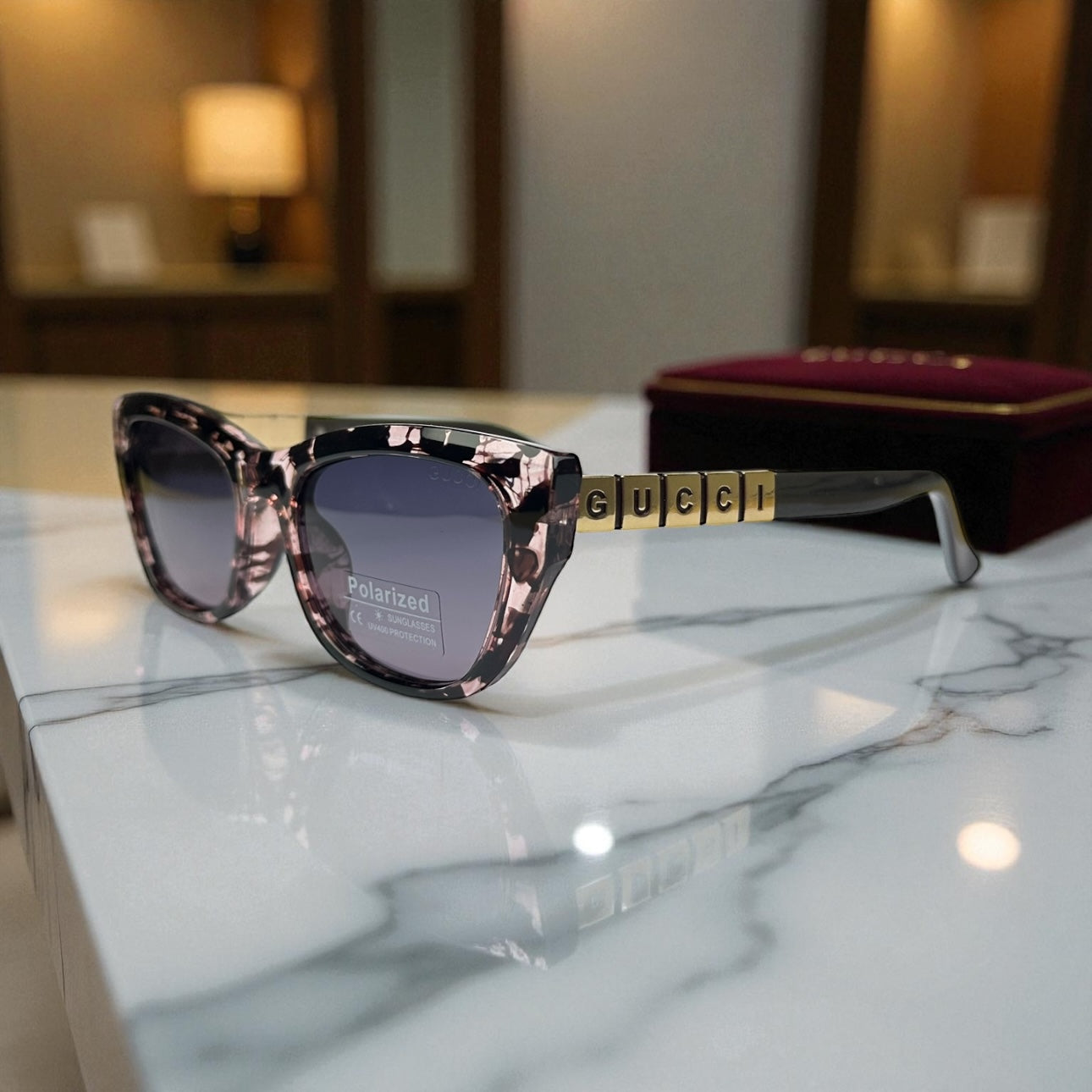 Gucci Women’s Cat-Eye Polarized Sunglasses – Tortoiseshell Frame with Gold Block Logo